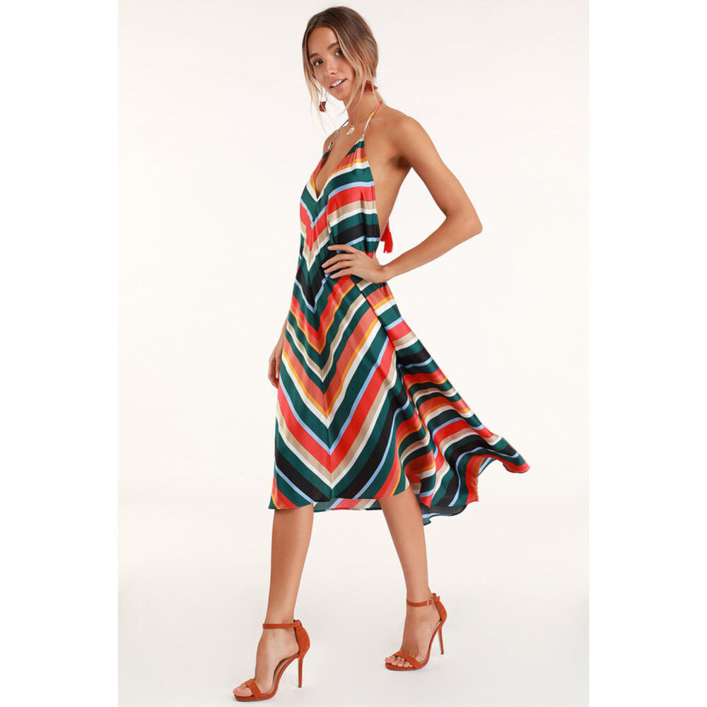 Lulus Malia Emerald Green Multi Striped Midi Dress - Size XS